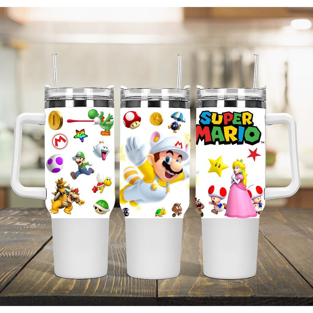 Custom Nintendo Super Mario Bros Tumbler 40 oz tumbler with hand carry handle. B